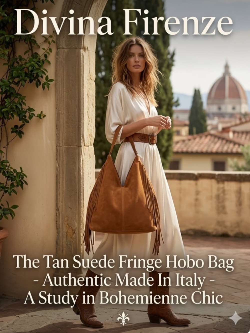 NWT Divina Firenze Tan Suede Fringe Hobo Bag Made In Italy Boho Western Tote